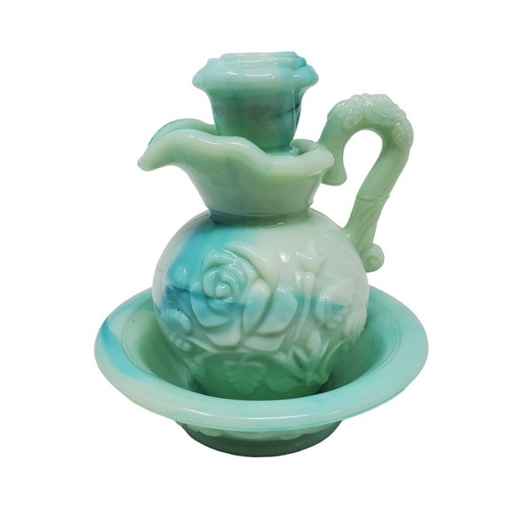 Vintage Avon Bath Oil Milk Glass Decanter Stopper Jadeite Rose Floral Bottle - Picture 1 of 13